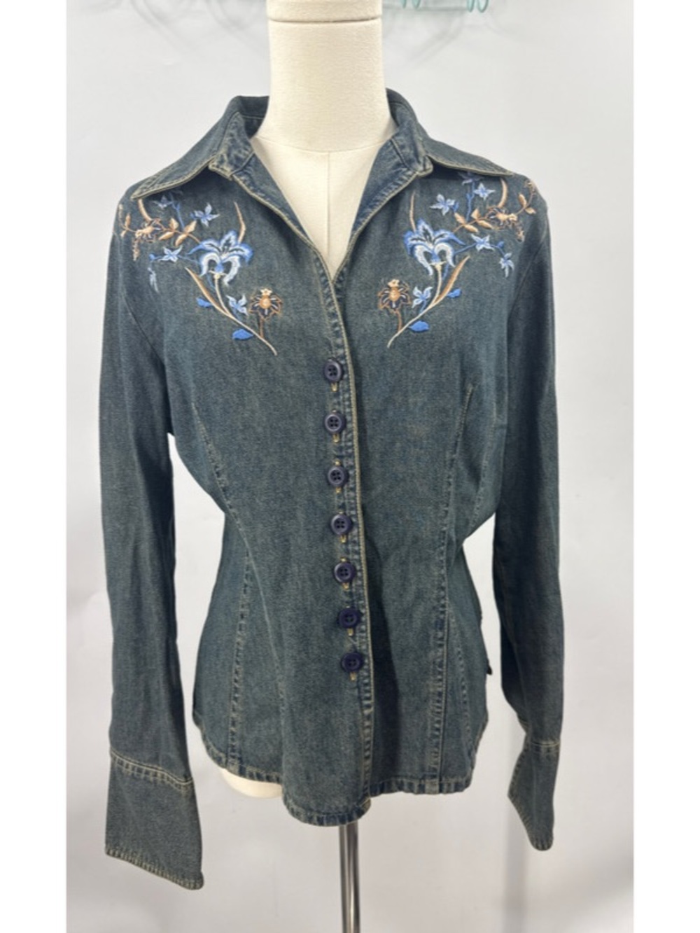 Newport News Jeanology vintage floral embroidered denim jacket or shirt, 8